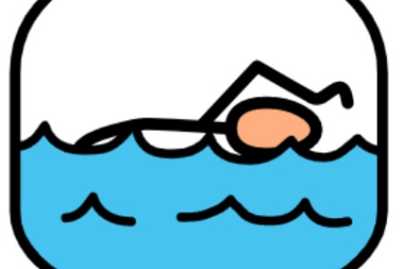 Boardmaker symbol for swimming. A stick figure swimming in a freestyle position in blue water.